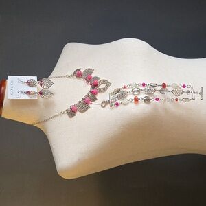 NEW C.O. & C.O. Silver Tone ,Pink/Clear Beads And Leaf Pattern 3 Pc.Set
